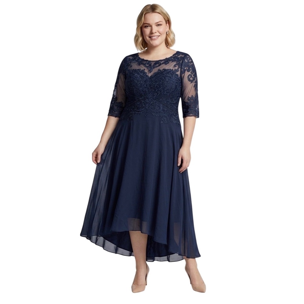 JJ's House Formal Dress Women Size 12 Dark Navy New Lace Zuzana Chiffon Maxi